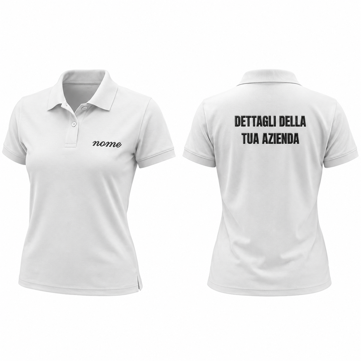 Polo donna con NOME RICAMATO lato cuore e dettagli sulla schiena